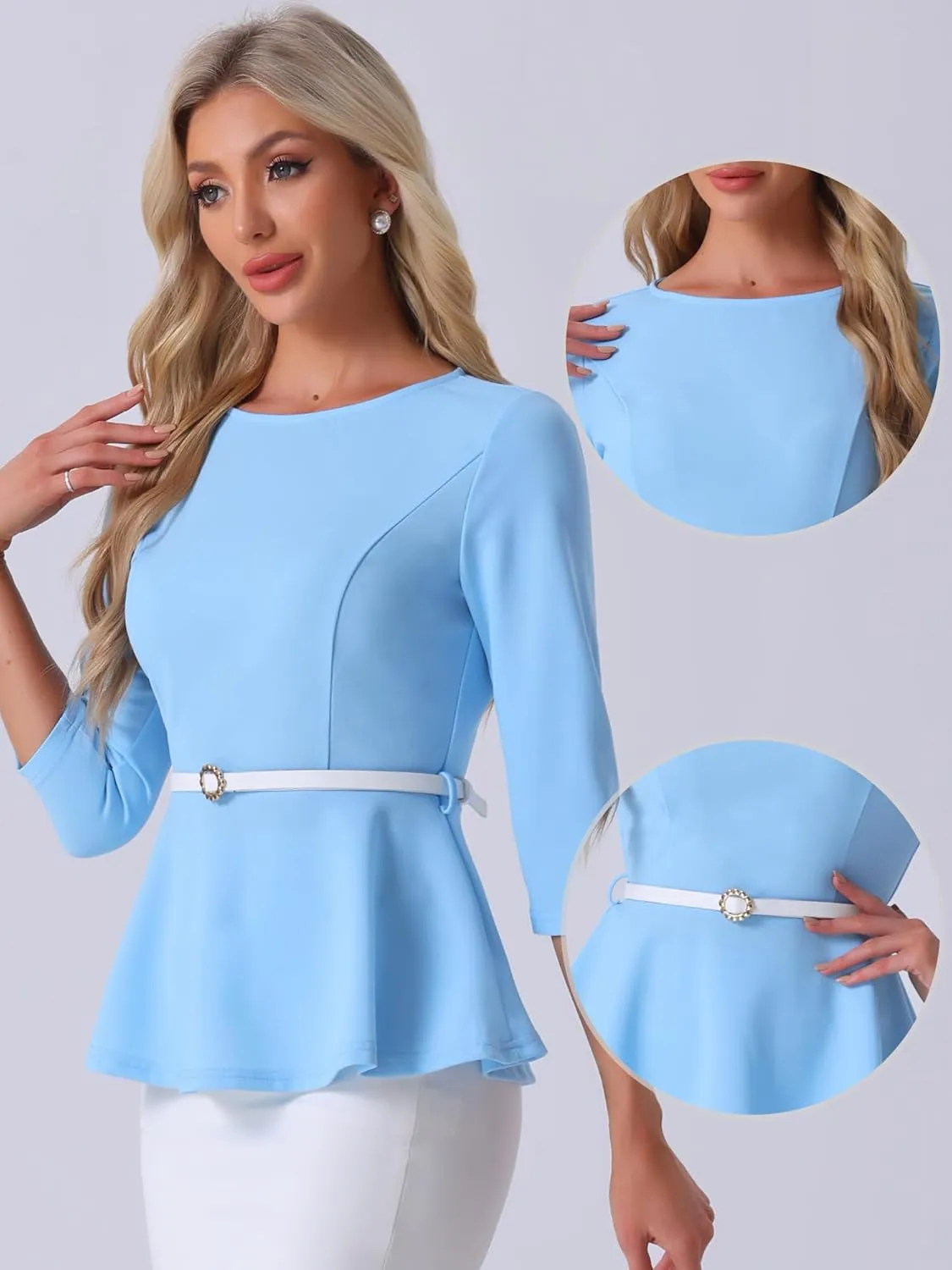 Allegra K Peplum Tops for Women's 3/4 Sleeve Teacher Belted Elegant Business Work Blouse