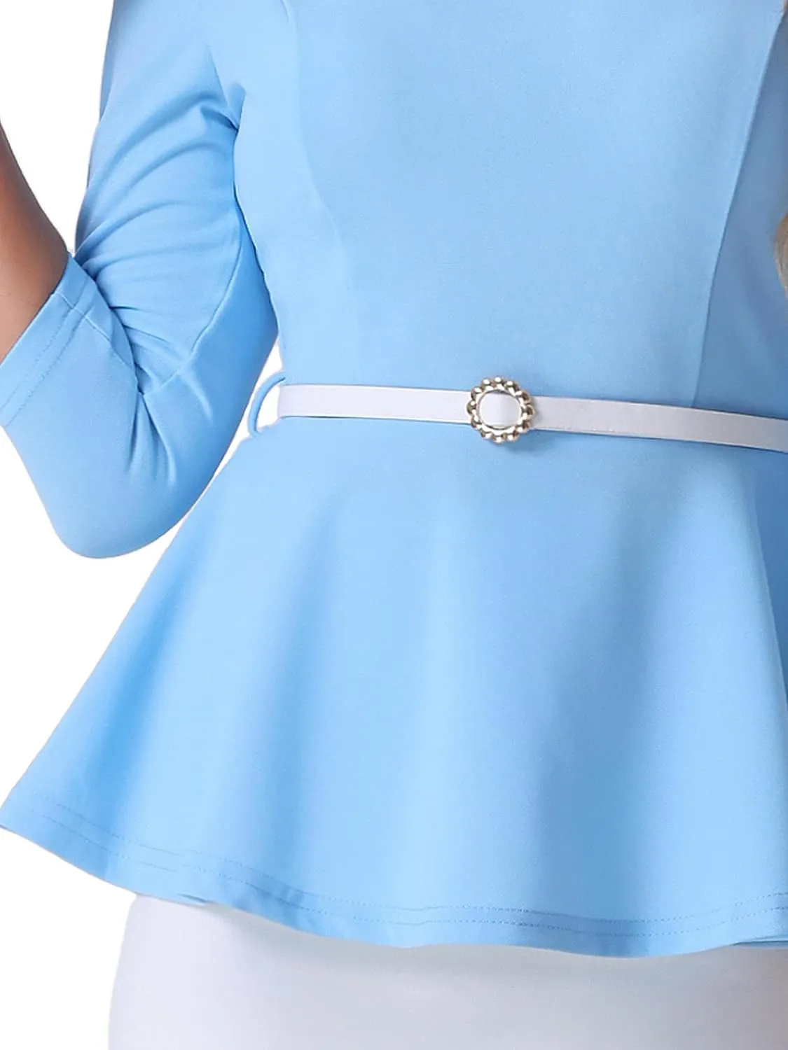 Allegra K Peplum Tops for Women's 3/4 Sleeve Teacher Belted Elegant Business Work Blouse