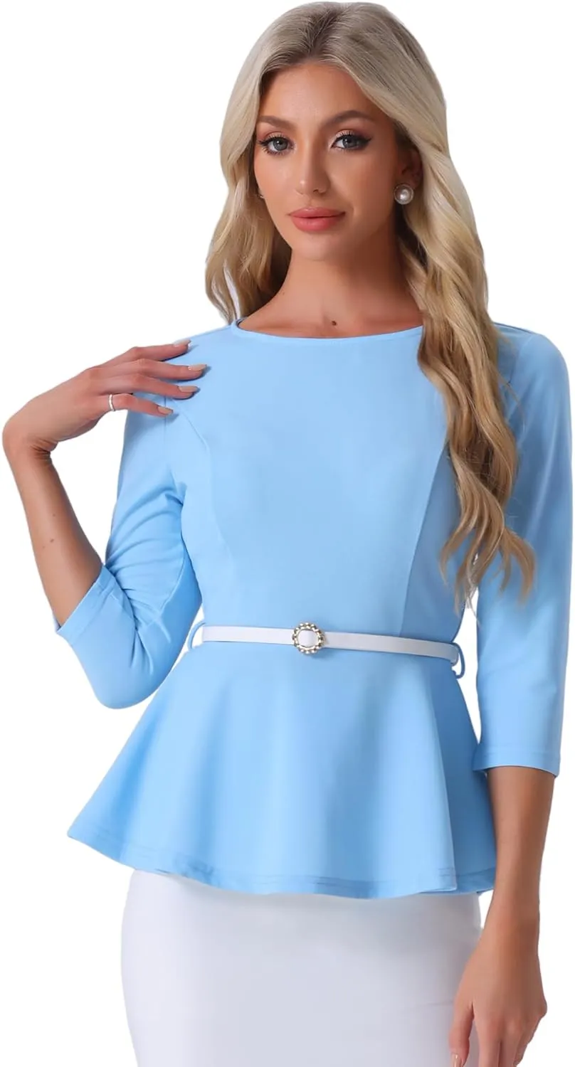 Allegra K Peplum Tops for Women's 3/4 Sleeve Teacher Belted Elegant Business Work Blouse