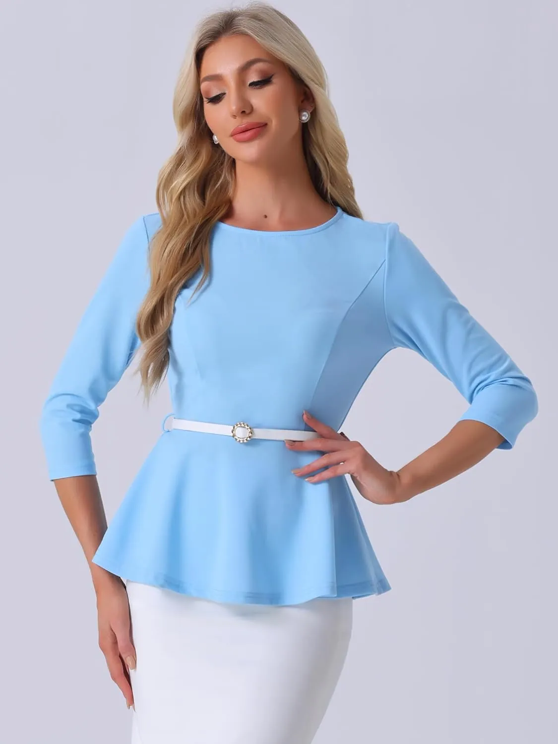 Allegra K Peplum Tops for Women's 3/4 Sleeve Teacher Belted Elegant Business Work Blouse