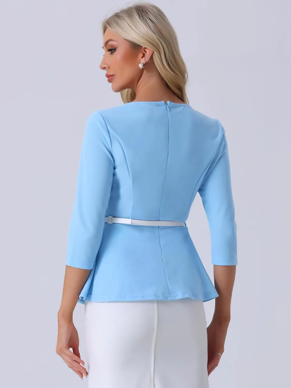 Allegra K Peplum Tops for Women's 3/4 Sleeve Teacher Belted Elegant Business Work Blouse