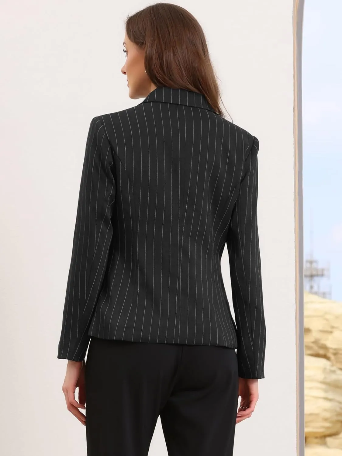 Allegra K Striped Blazer for Women's Notched Lapel One Button Long Sleeve Work Office Suit Jackets