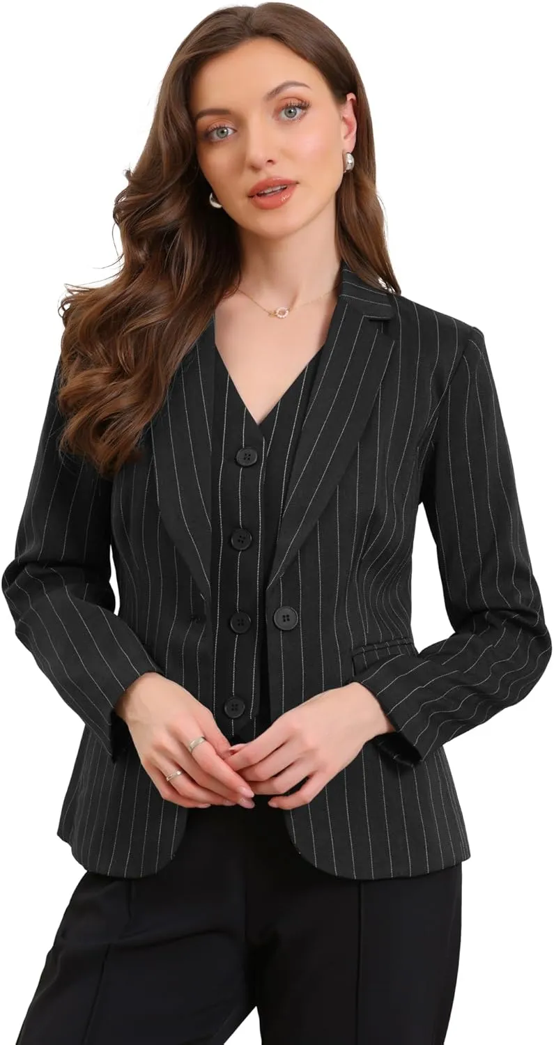 Allegra K Striped Blazer for Women's Notched Lapel One Button Long Sleeve Work Office Suit Jackets