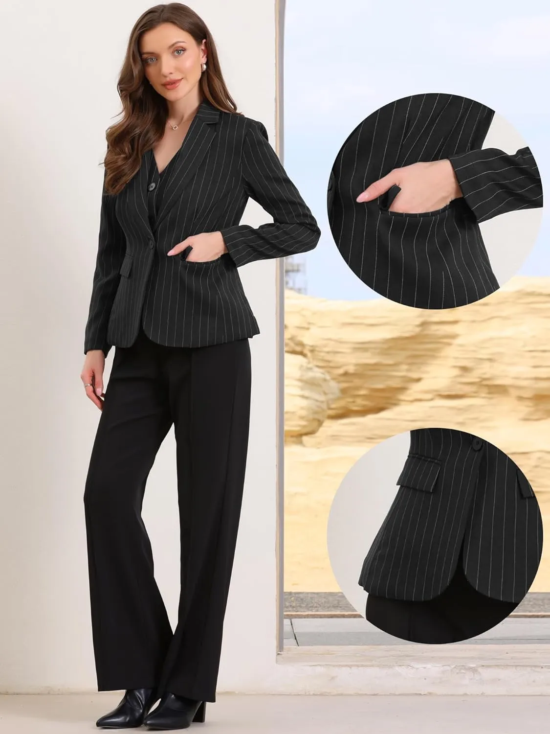 Allegra K Striped Blazer for Women's Notched Lapel One Button Long Sleeve Work Office Suit Jackets
