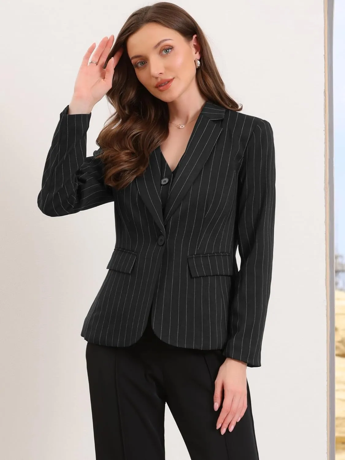 Allegra K Striped Blazer for Women's Notched Lapel One Button Long Sleeve Work Office Suit Jackets