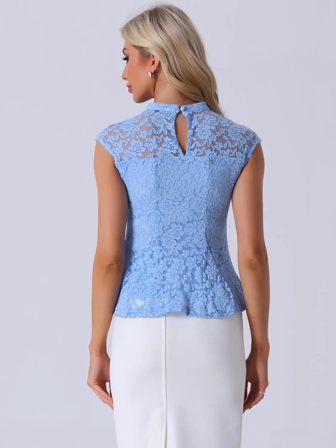 Allegra K Women's Crochet Peplum Floral Crochet Mock Neck Tops Cap Sleeve Lace Blouse