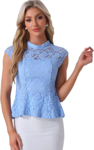 Allegra K Women's Crochet Peplum Floral Crochet Mock Neck Tops Cap Sleeve Lace Blouse