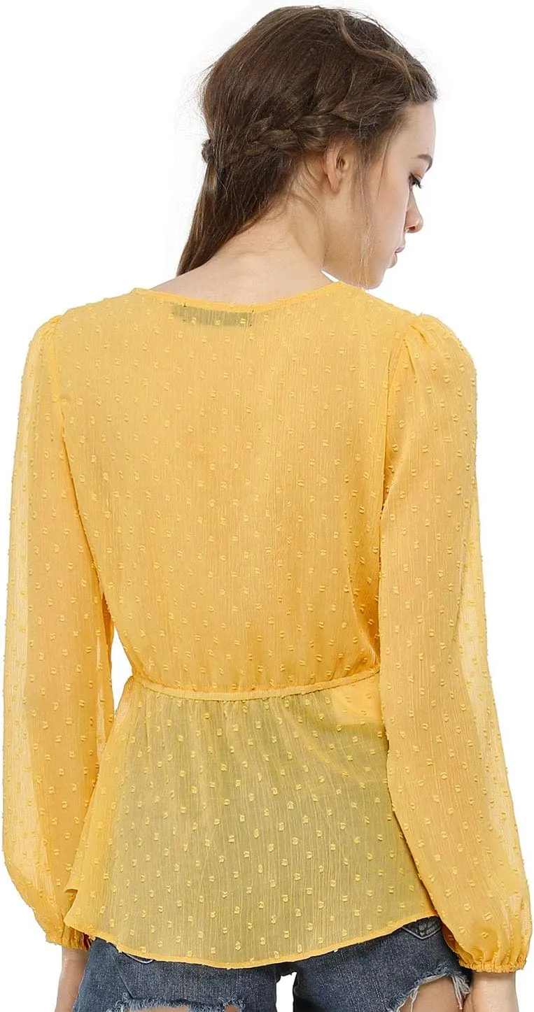 Allegra K Women's Deep V Neck Chiffon Top Swiss Dots Ruffle Hem Long Sleeve Peplum Top