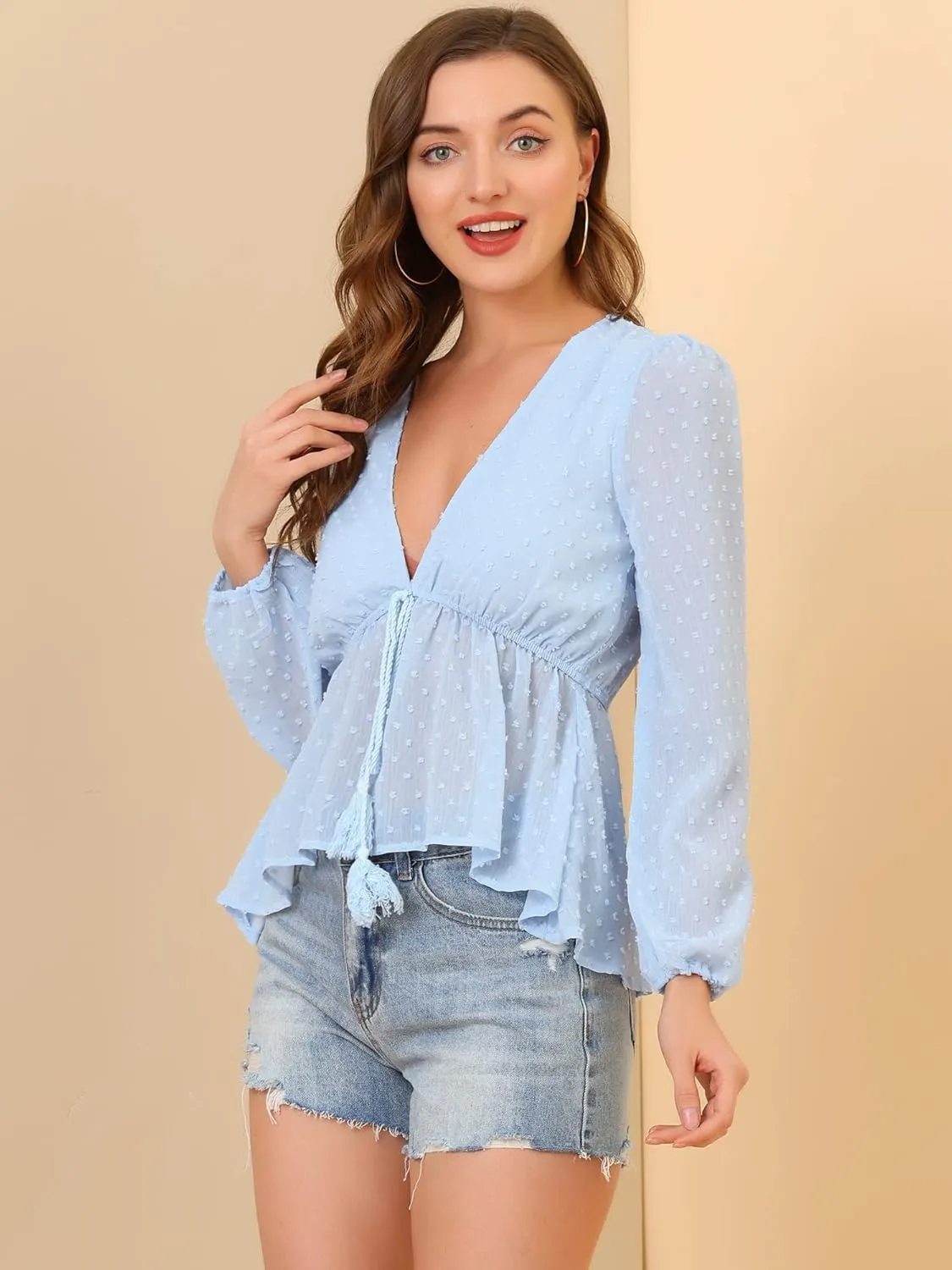 Allegra K Women's Deep V Neck Chiffon Top Swiss Dots Ruffle Hem Long Sleeve Peplum Top