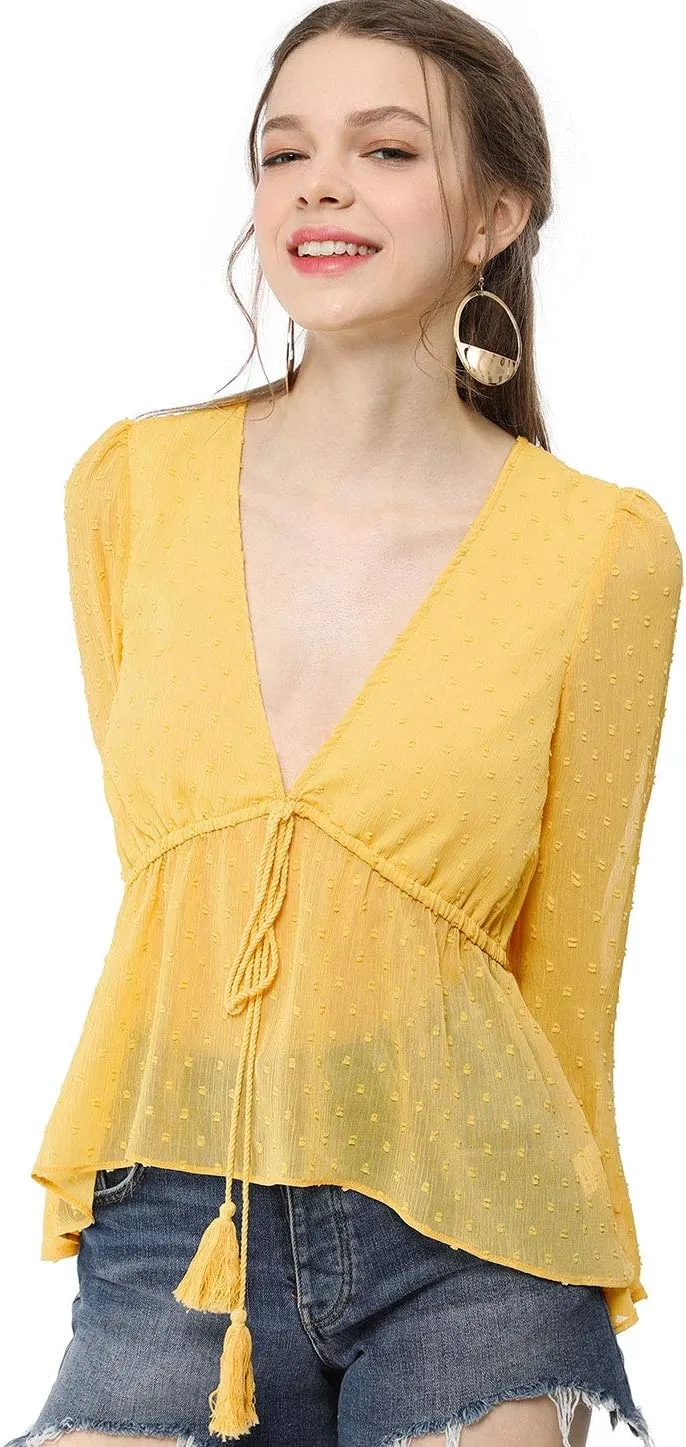 Allegra K Women's Deep V Neck Chiffon Top Swiss Dots Ruffle Hem Long Sleeve Peplum Top