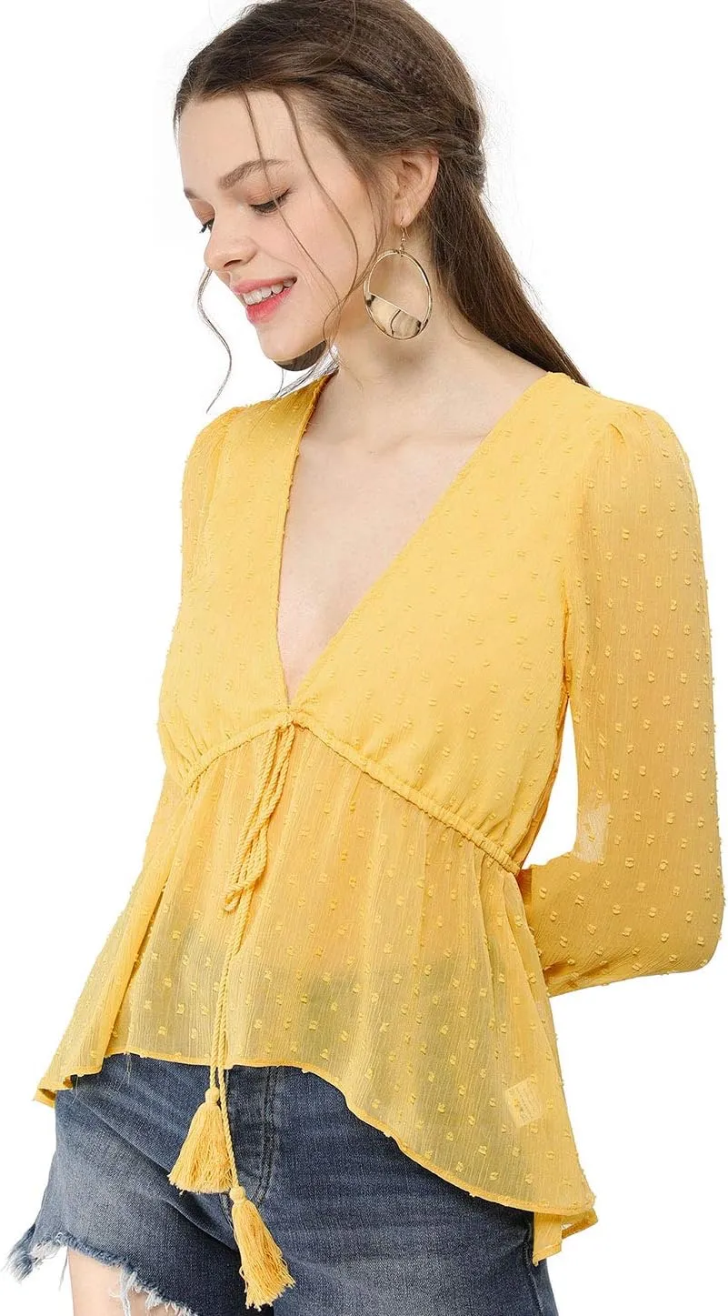 Allegra K Women's Deep V Neck Chiffon Top Swiss Dots Ruffle Hem Long Sleeve Peplum Top