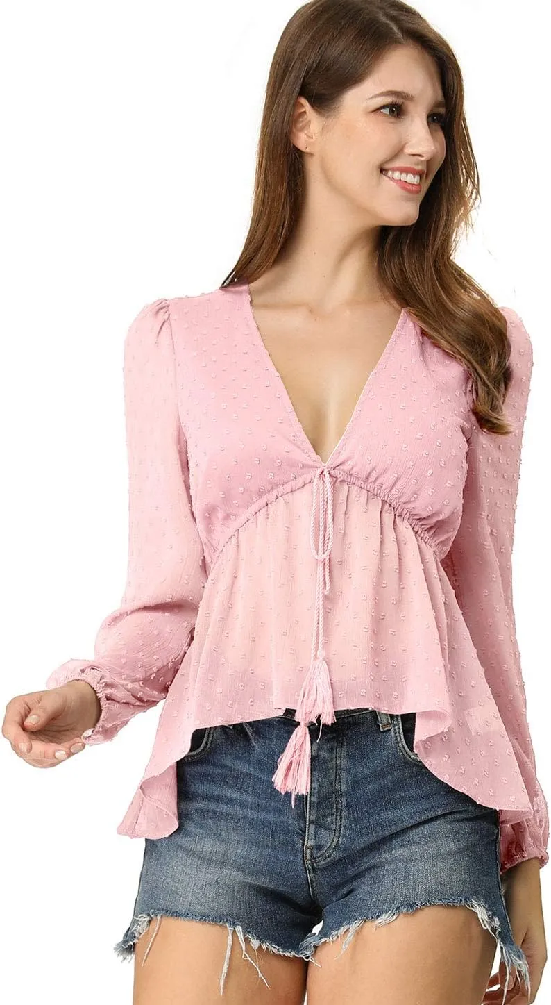 Allegra K Women's Deep V Neck Chiffon Top Swiss Dots Ruffle Hem Long Sleeve Peplum Top