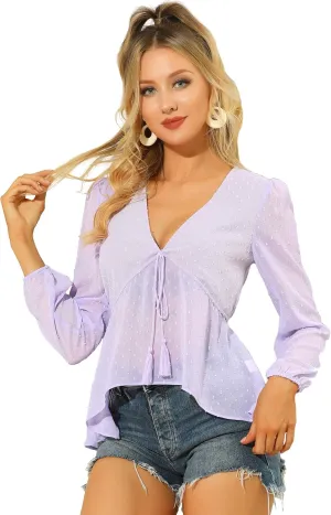 Allegra K Women's Deep V Neck Chiffon Top Swiss Dots Ruffle Hem Long Sleeve Peplum Top