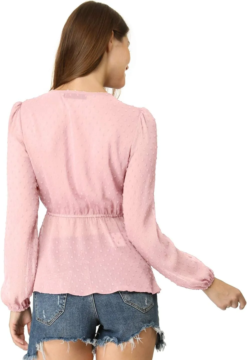 Allegra K Women's Deep V Neck Chiffon Top Swiss Dots Ruffle Hem Long Sleeve Peplum Top