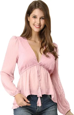 Allegra K Women's Deep V Neck Chiffon Top Swiss Dots Ruffle Hem Long Sleeve Peplum Top