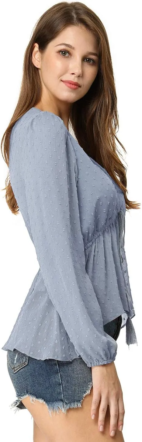 Allegra K Women's Deep V Neck Chiffon Top Swiss Dots Ruffle Hem Long Sleeve Peplum Top