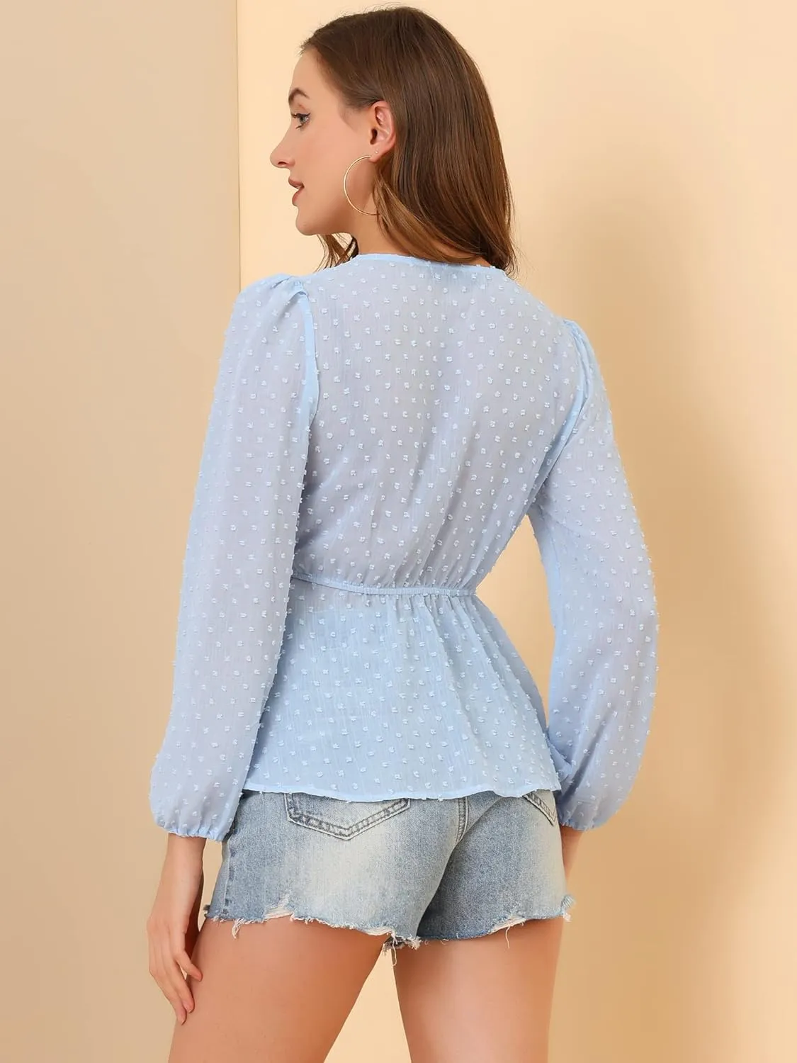 Allegra K Women's Deep V Neck Chiffon Top Swiss Dots Ruffle Hem Long Sleeve Peplum Top