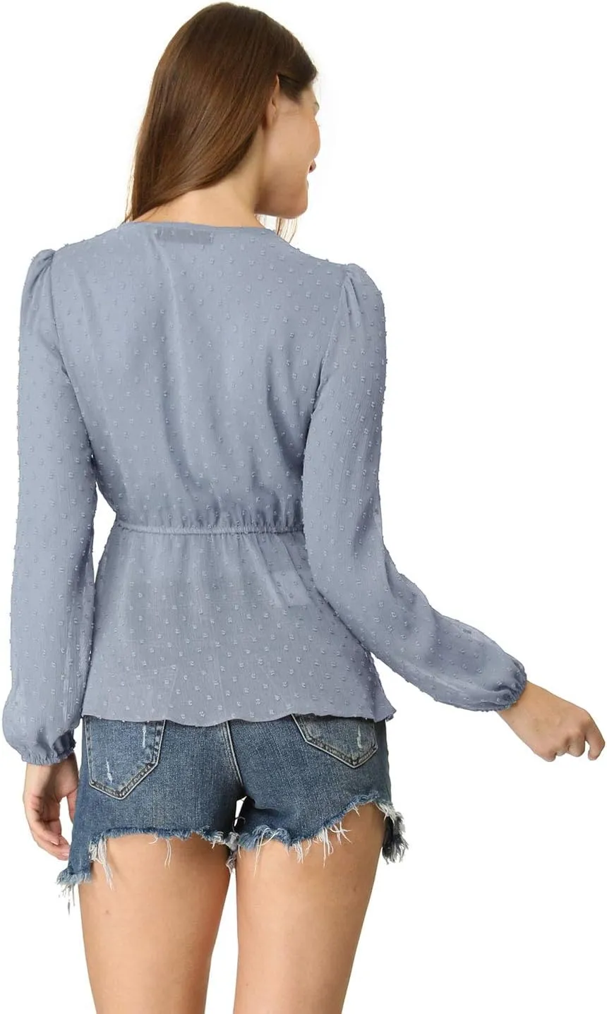 Allegra K Women's Deep V Neck Chiffon Top Swiss Dots Ruffle Hem Long Sleeve Peplum Top