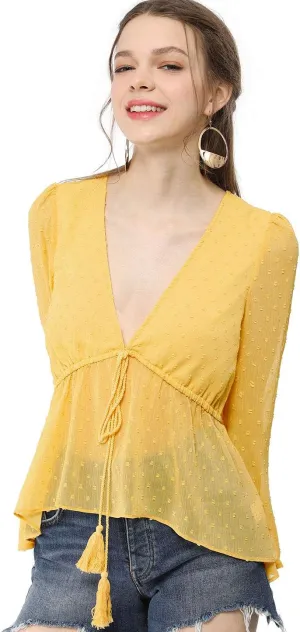 Allegra K Women's Deep V Neck Chiffon Top Swiss Dots Ruffle Hem Long Sleeve Peplum Top