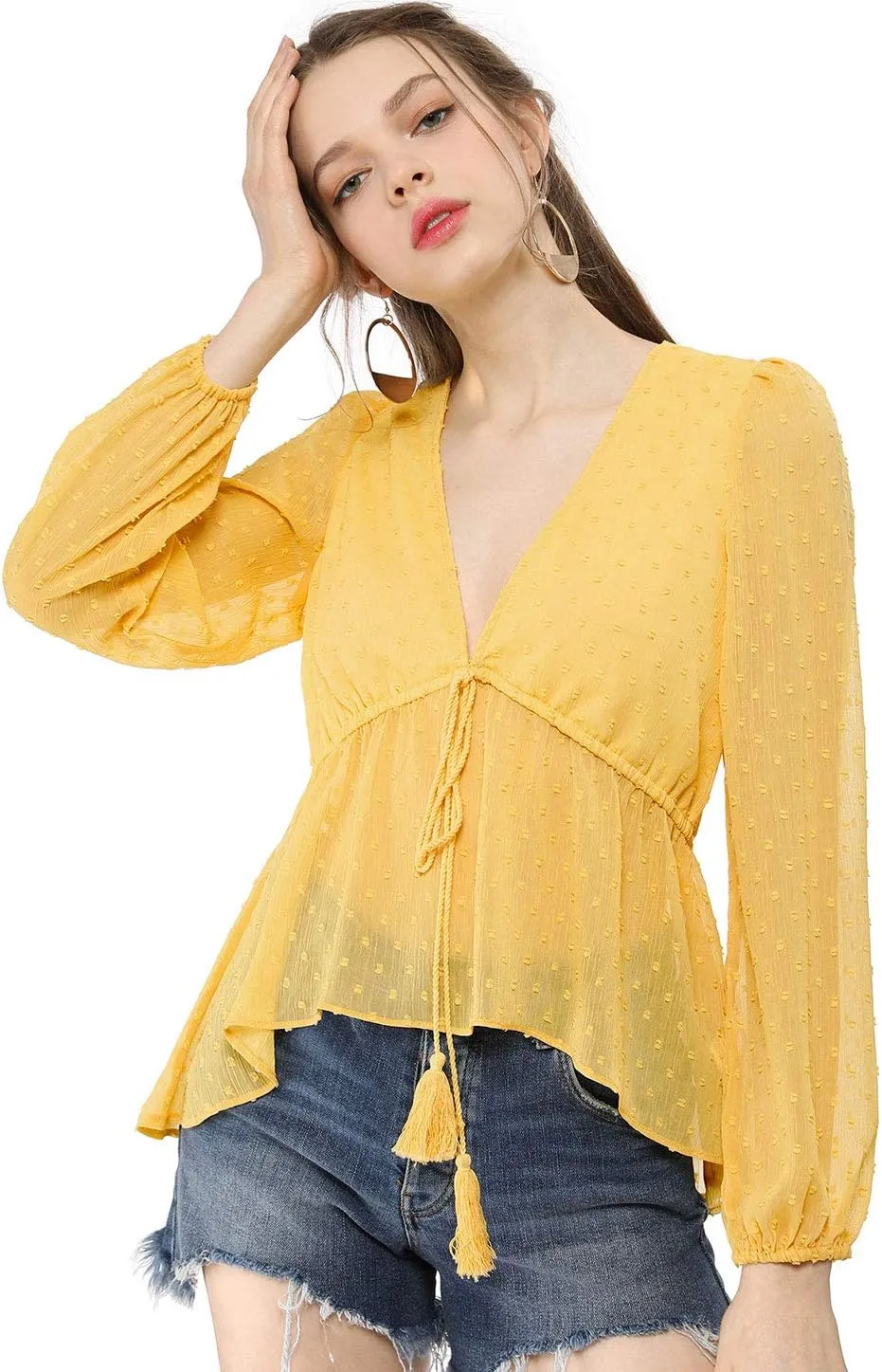 Allegra K Women's Deep V Neck Chiffon Top Swiss Dots Ruffle Hem Long Sleeve Peplum Top
