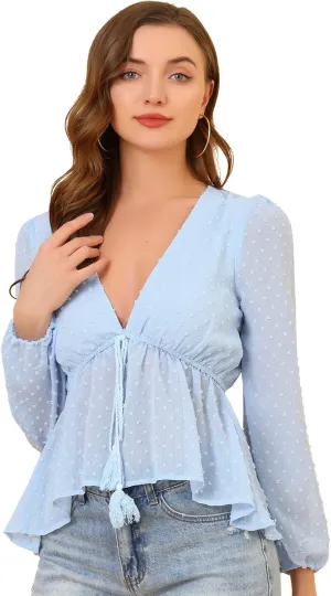 Allegra K Women's Deep V Neck Chiffon Top Swiss Dots Ruffle Hem Long Sleeve Peplum Top