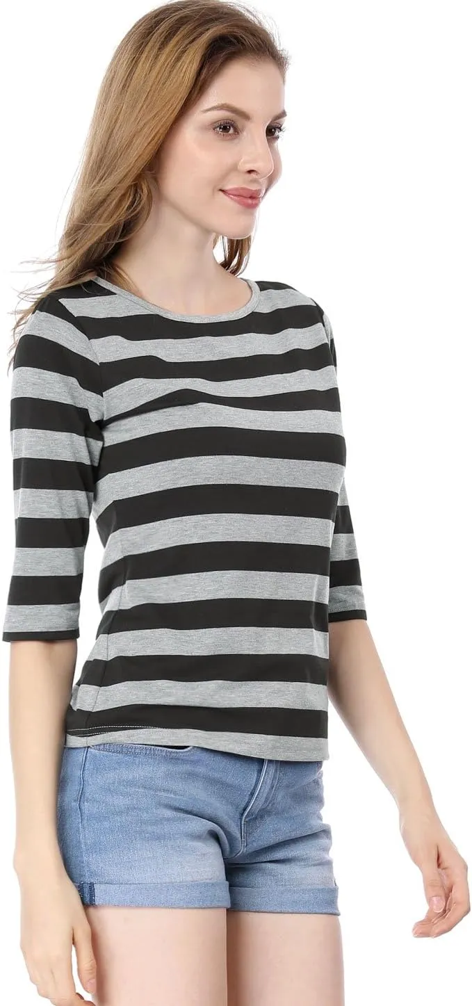 Allegra K Women's Elbow Sleeves Top Round Neck Slim Fit Tee Casual Printed T-Shirt