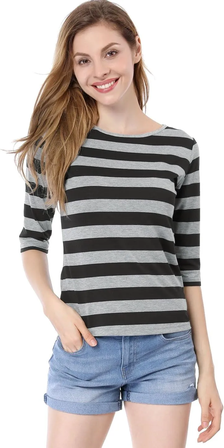 Allegra K Women's Elbow Sleeves Top Round Neck Slim Fit Tee Casual Printed T-Shirt