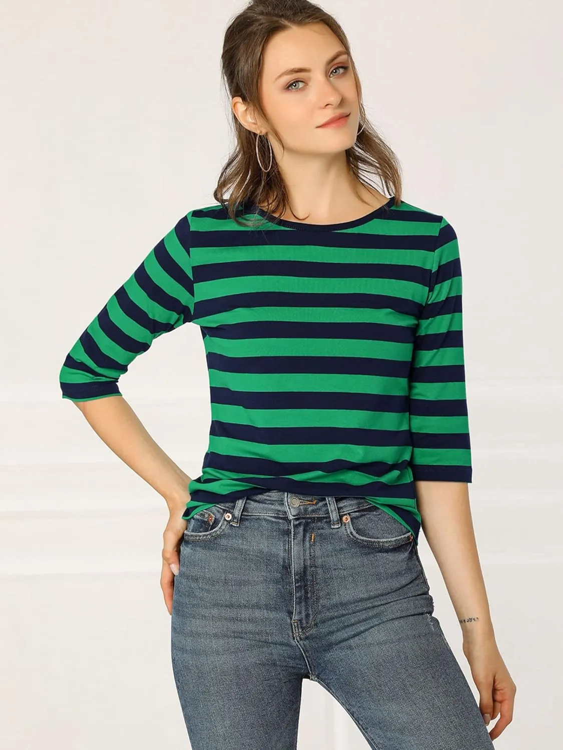 Allegra K Women's Elbow Sleeves Top Round Neck Slim Fit Tee Casual Printed T-Shirt