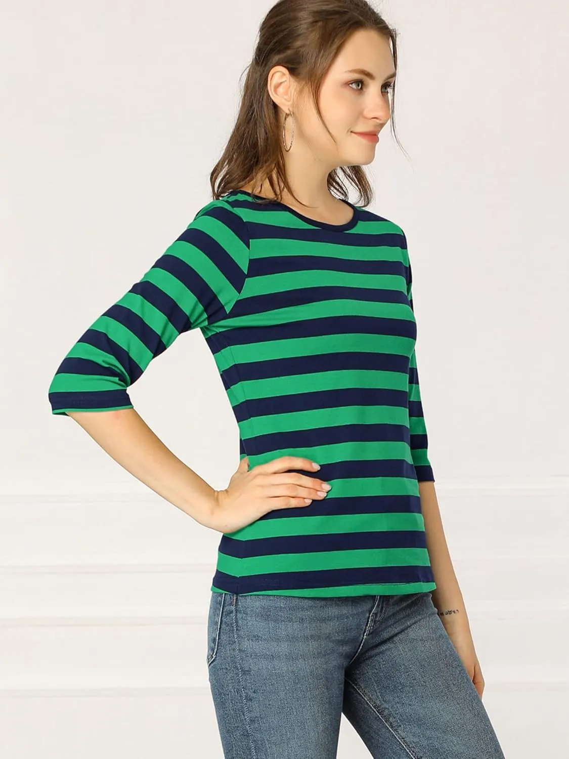 Allegra K Women's Elbow Sleeves Top Round Neck Slim Fit Tee Casual Printed T-Shirt