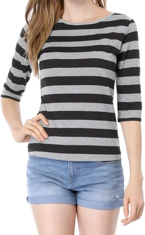 Allegra K Women's Elbow Sleeves Top Round Neck Slim Fit Tee Casual Printed T-Shirt