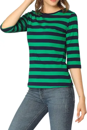 Allegra K Women's Elbow Sleeves Top Round Neck Slim Fit Tee Casual Printed T-Shirt