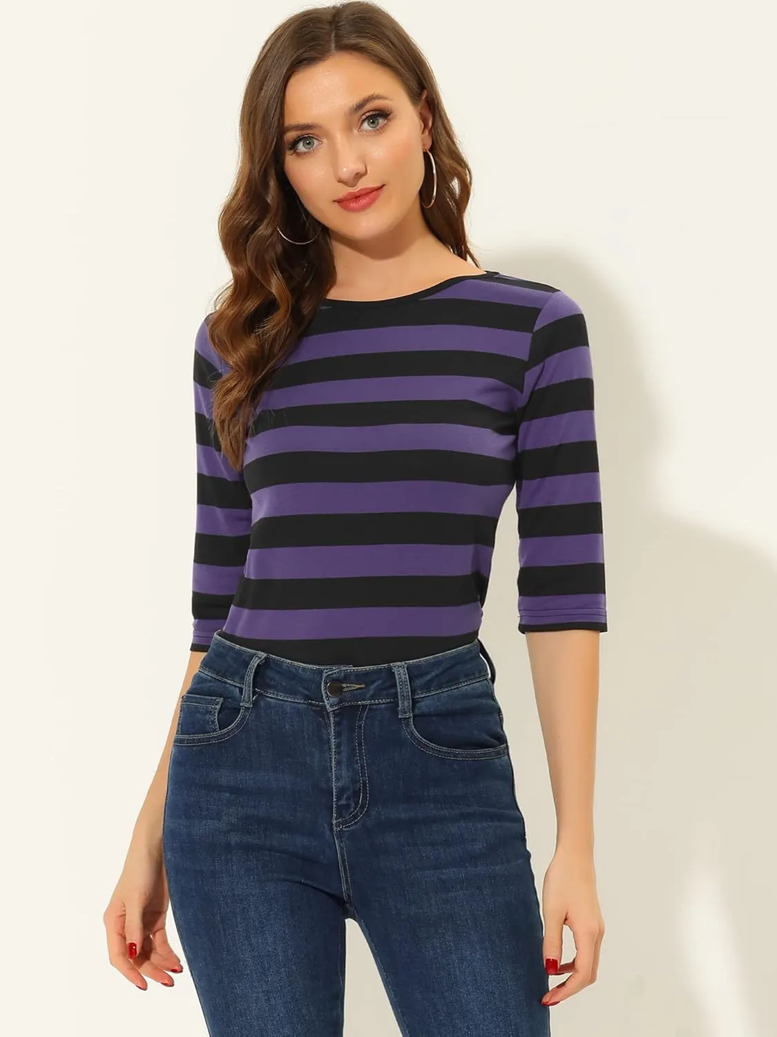 Allegra K Women's Elbow Sleeves Top Round Neck Slim Fit Tee Casual Printed T-Shirt