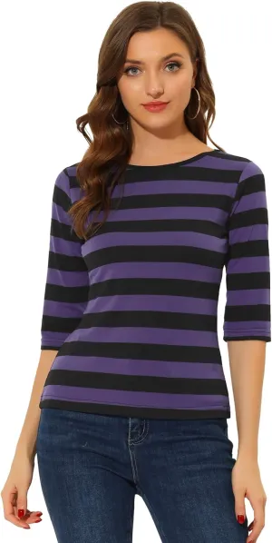 Allegra K Women's Elbow Sleeves Top Round Neck Slim Fit Tee Casual Printed T-Shirt