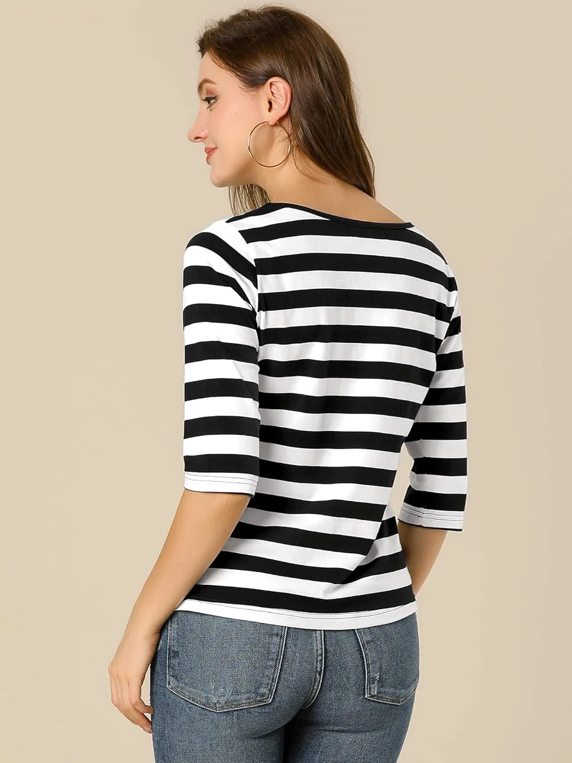 Allegra K Women's Elbow Sleeves Top Round Neck Slim Fit Tee Casual Printed T-Shirt
