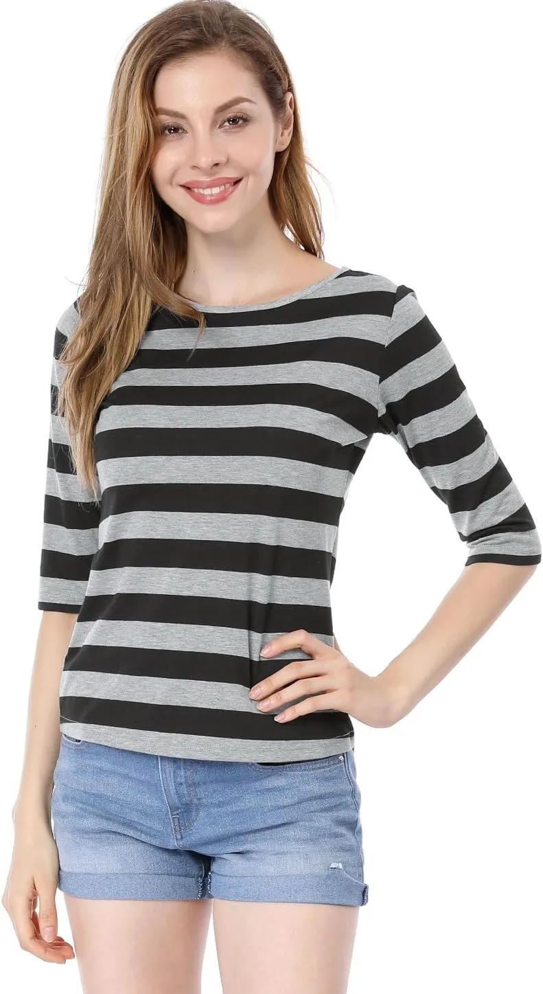 Allegra K Women's Elbow Sleeves Top Round Neck Slim Fit Tee Casual Printed T-Shirt
