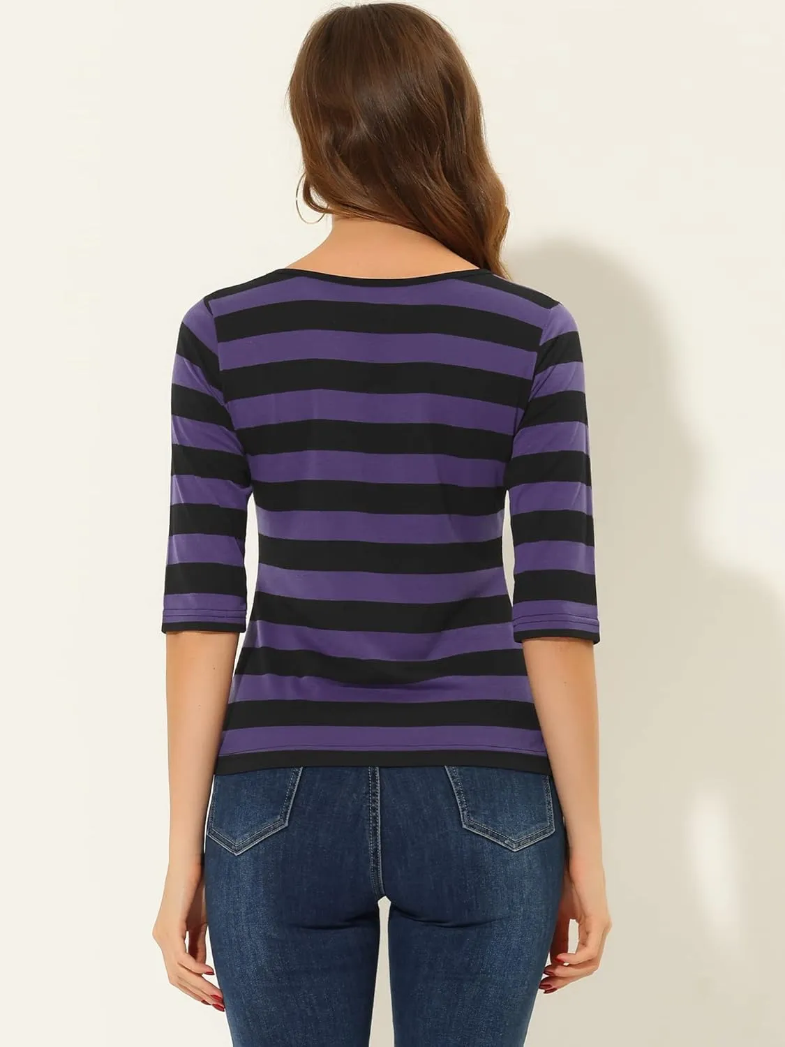 Allegra K Women's Elbow Sleeves Top Round Neck Slim Fit Tee Casual Printed T-Shirt