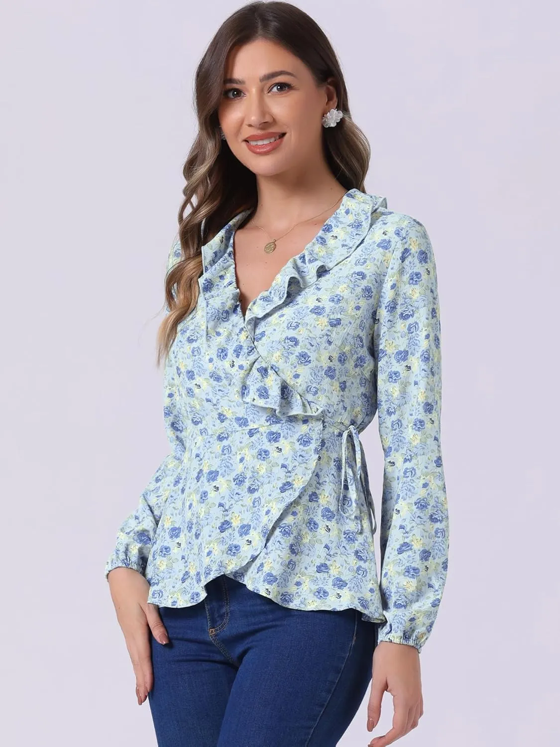 Allegra K Women's Floral V Neck Wrap Top Long Sleeve Tie Waist Ruffle Peplum Blouse