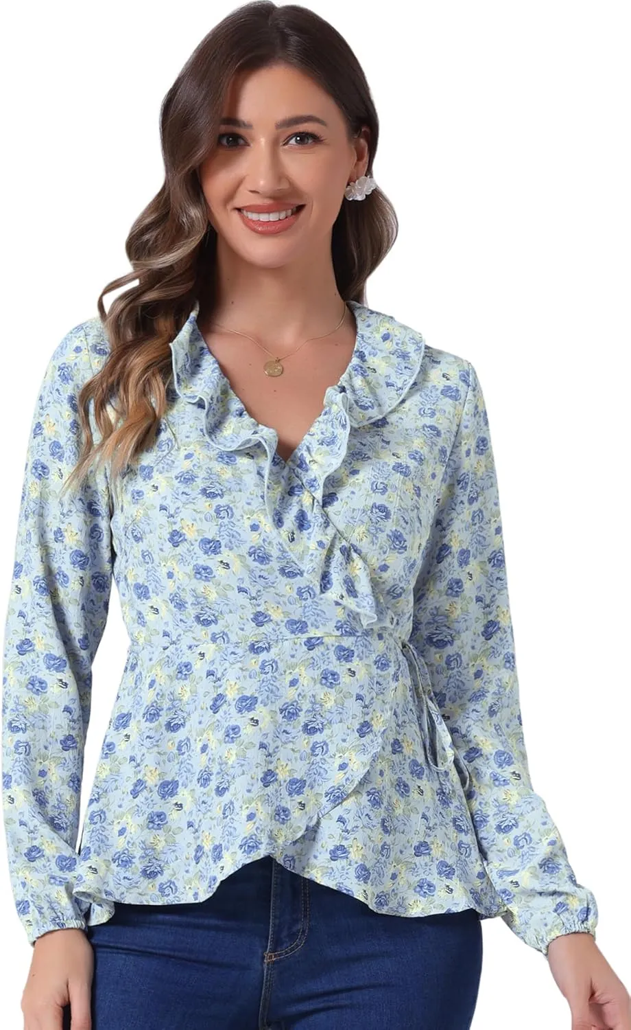 Allegra K Women's Floral V Neck Wrap Top Long Sleeve Tie Waist Ruffle Peplum Blouse