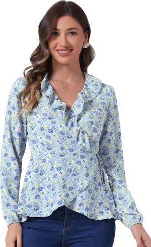 Allegra K Women's Floral V Neck Wrap Top Long Sleeve Tie Waist Ruffle Peplum Blouse