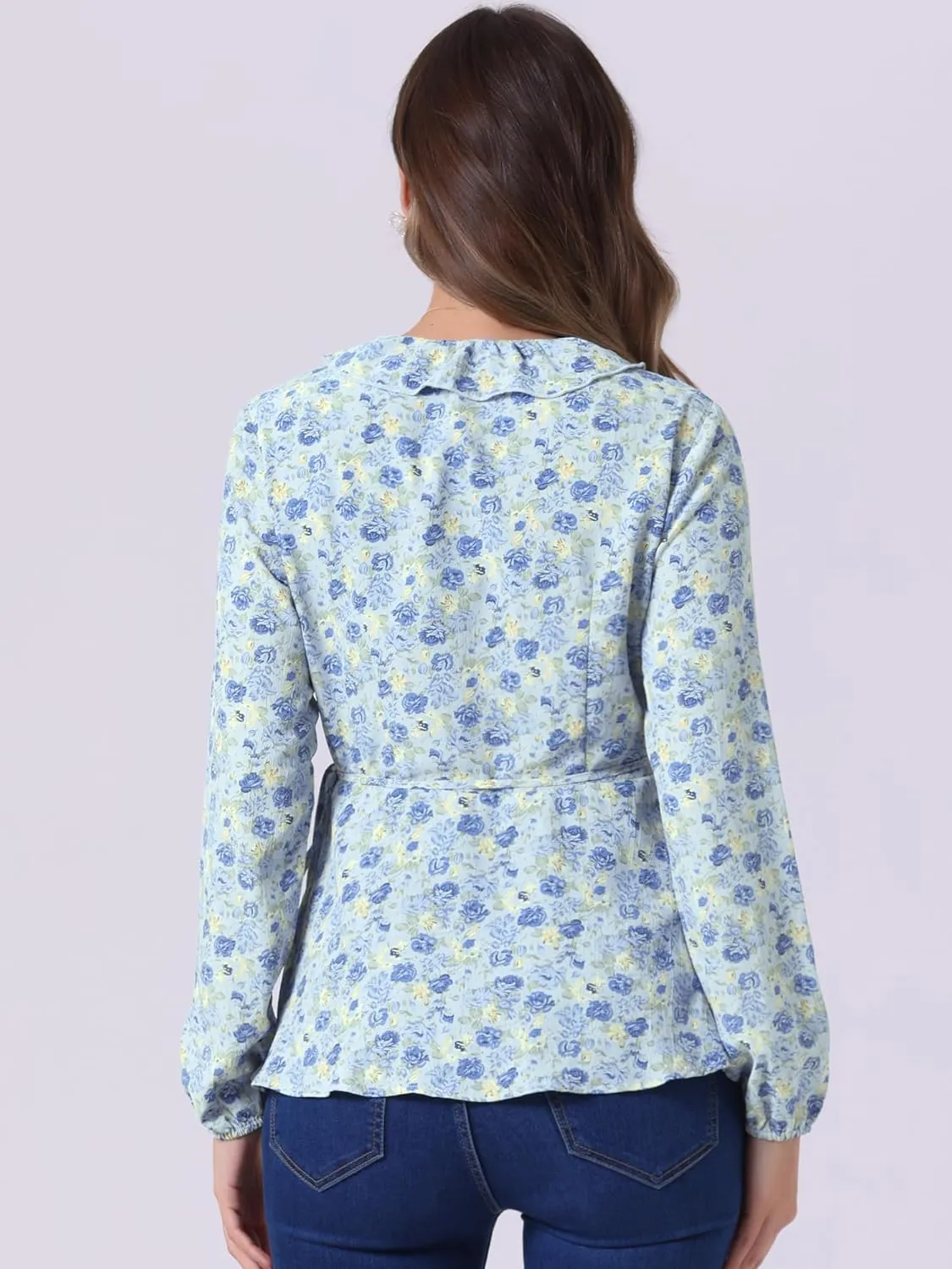 Allegra K Women's Floral V Neck Wrap Top Long Sleeve Tie Waist Ruffle Peplum Blouse