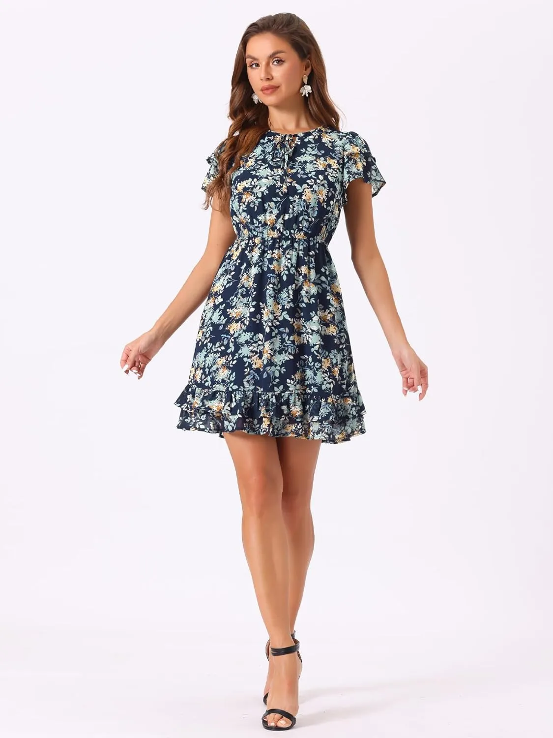 Allegra K Women's Ruffle Sleeve Self-Tie V Neck Ruffled A-Line Floral Chiffon Dress
