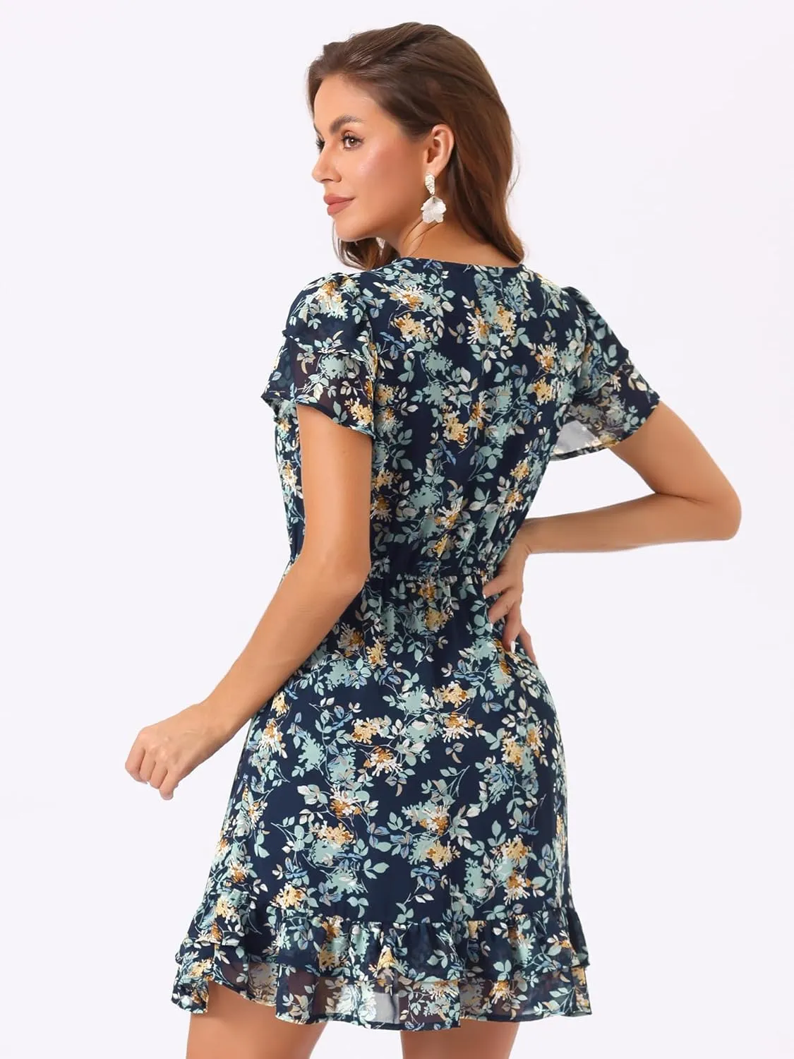 Allegra K Women's Ruffle Sleeve Self-Tie V Neck Ruffled A-Line Floral Chiffon Dress