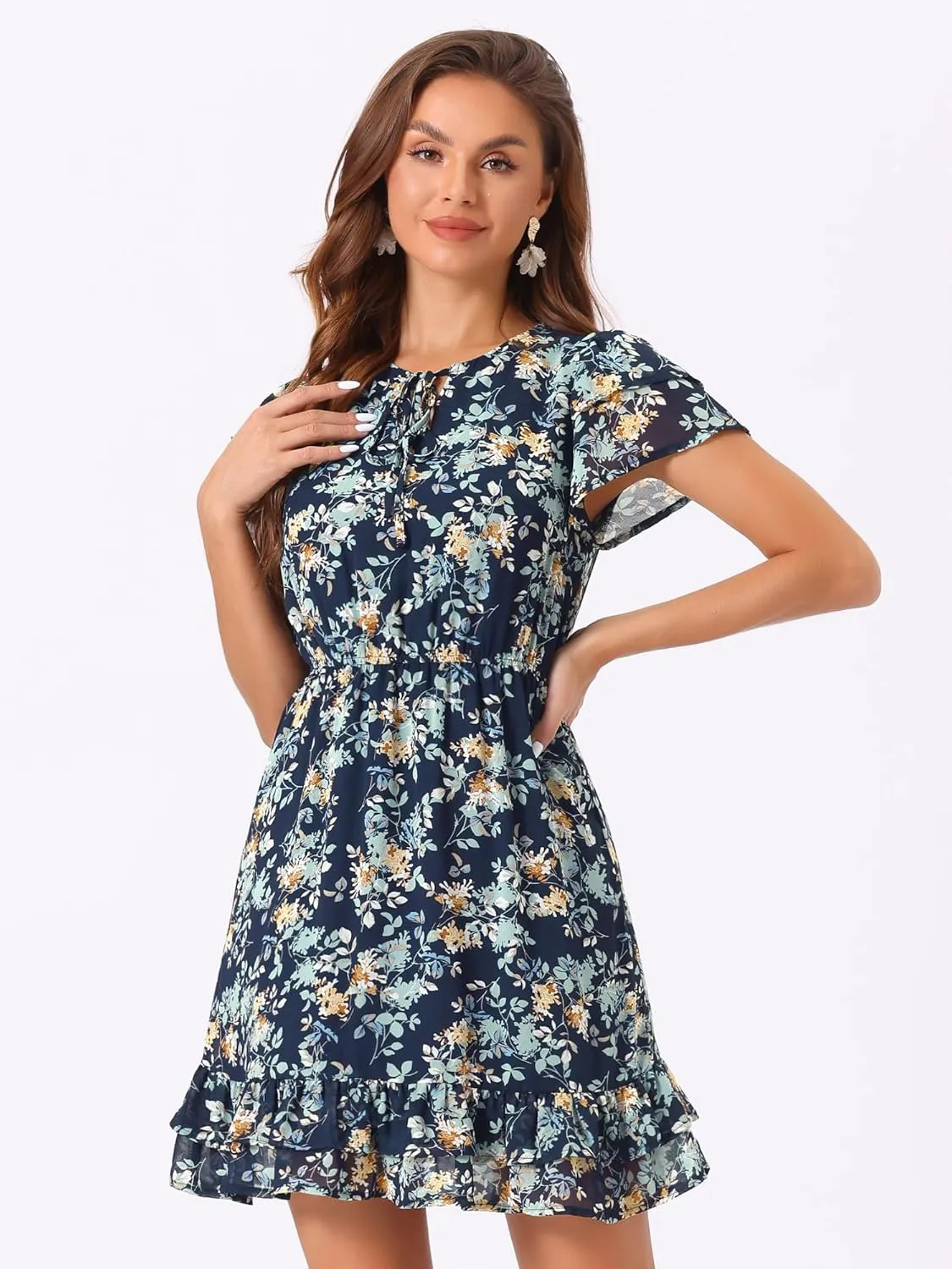 Allegra K Women's Ruffle Sleeve Self-Tie V Neck Ruffled A-Line Floral Chiffon Dress