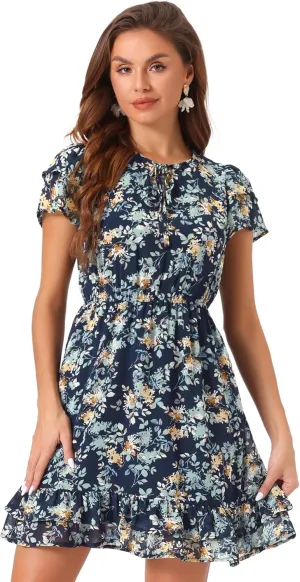 Allegra K Women's Ruffle Sleeve Self-Tie V Neck Ruffled A-Line Floral Chiffon Dress