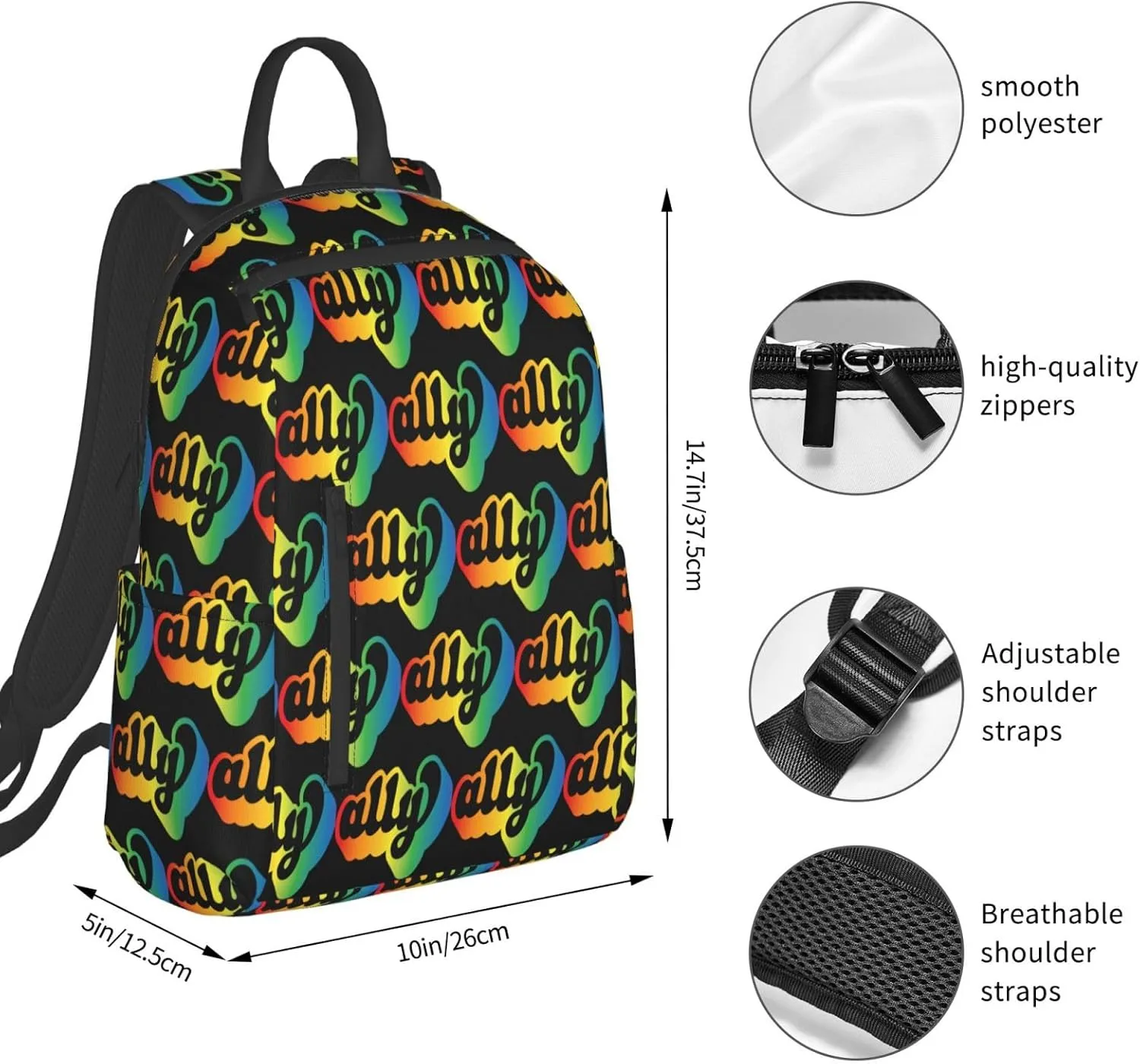 Ally LGBT Rainbow Gay Pride Travel Laptop Backpack Casual Backpacks Double Shoulder Daypack Notebook Rucksack Work Bags Sports Bag for Hiking Camping Beach