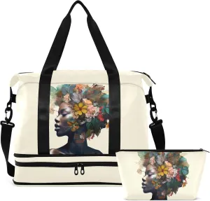 American African Black Woman Flower Gym Bag for Women & Men,Duffel Bag with Shoe Pocket,Weekender Overnight Bag with Trolley Sleeve for Travel 21217044