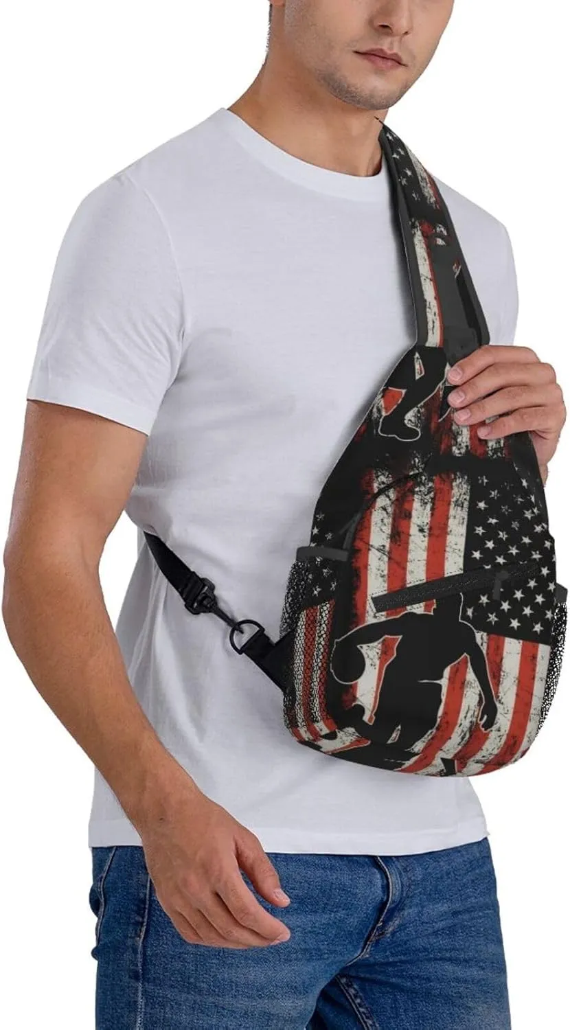 American Flag Basketball Crossbody Bag Adjustable Sling Bag Casual Chest Bags Travel Shoulder Backpack