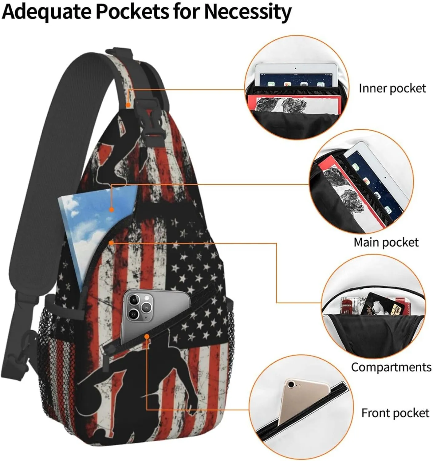 American Flag Basketball Crossbody Bag Adjustable Sling Bag Casual Chest Bags Travel Shoulder Backpack