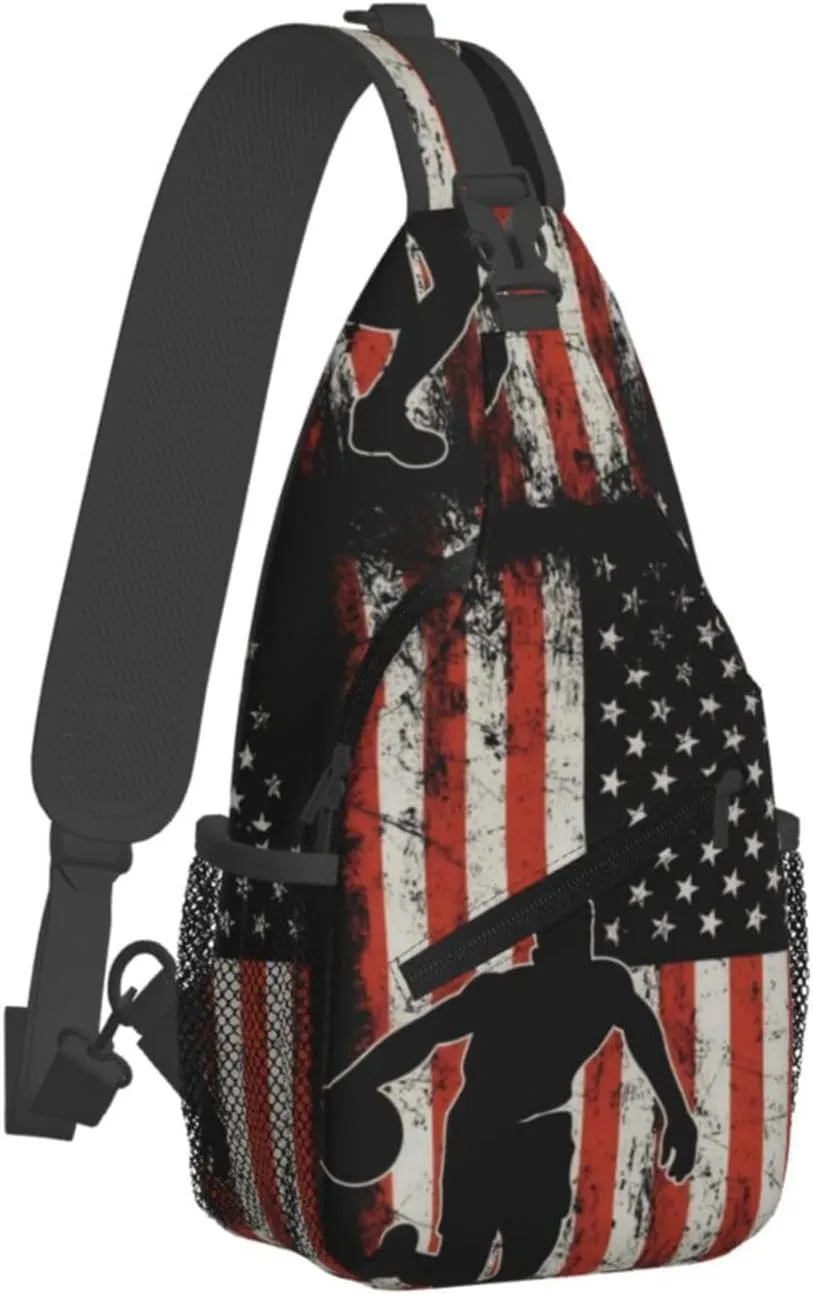 American Flag Basketball Crossbody Bag Adjustable Sling Bag Casual Chest Bags Travel Shoulder Backpack