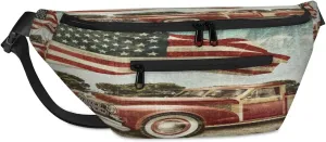 American Flag Car Crossbody Sling Bag for Women Men Crossbody Backpack with 4 Zipper Pockets Fanny Pack Shoulder Casual Daypack for Travel Running Hiking Cycling